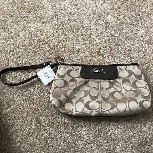 Coach Handbags - NWT Coach Khaki/Mahogany Trim Large Wristlet